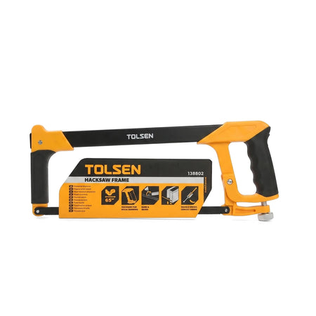 Tolsen yellow and black metal hacksaw, featuring a durable frame and comfortable grip, displayed with its product packaging.