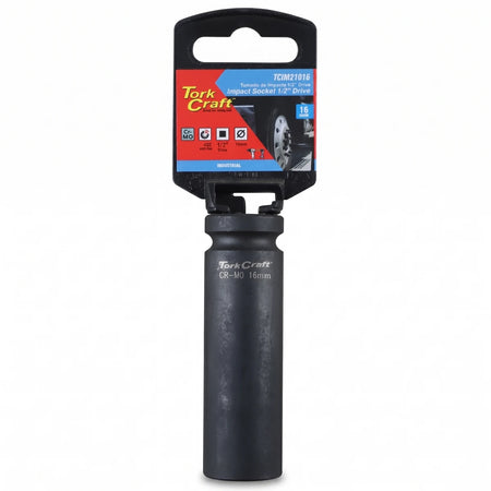 A Tork Craft 1/2-inch drive 6-point deep hex socket, 16mm, made of Cr-MO, shown in black finish with its packaging.