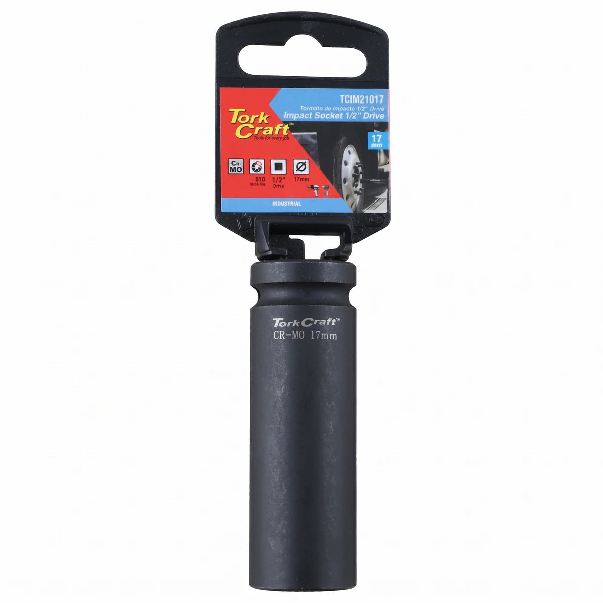 Tork Craft 1/2-inch drive 6-point deep hex 17mm impact socket in black with retail hangtag packaging.