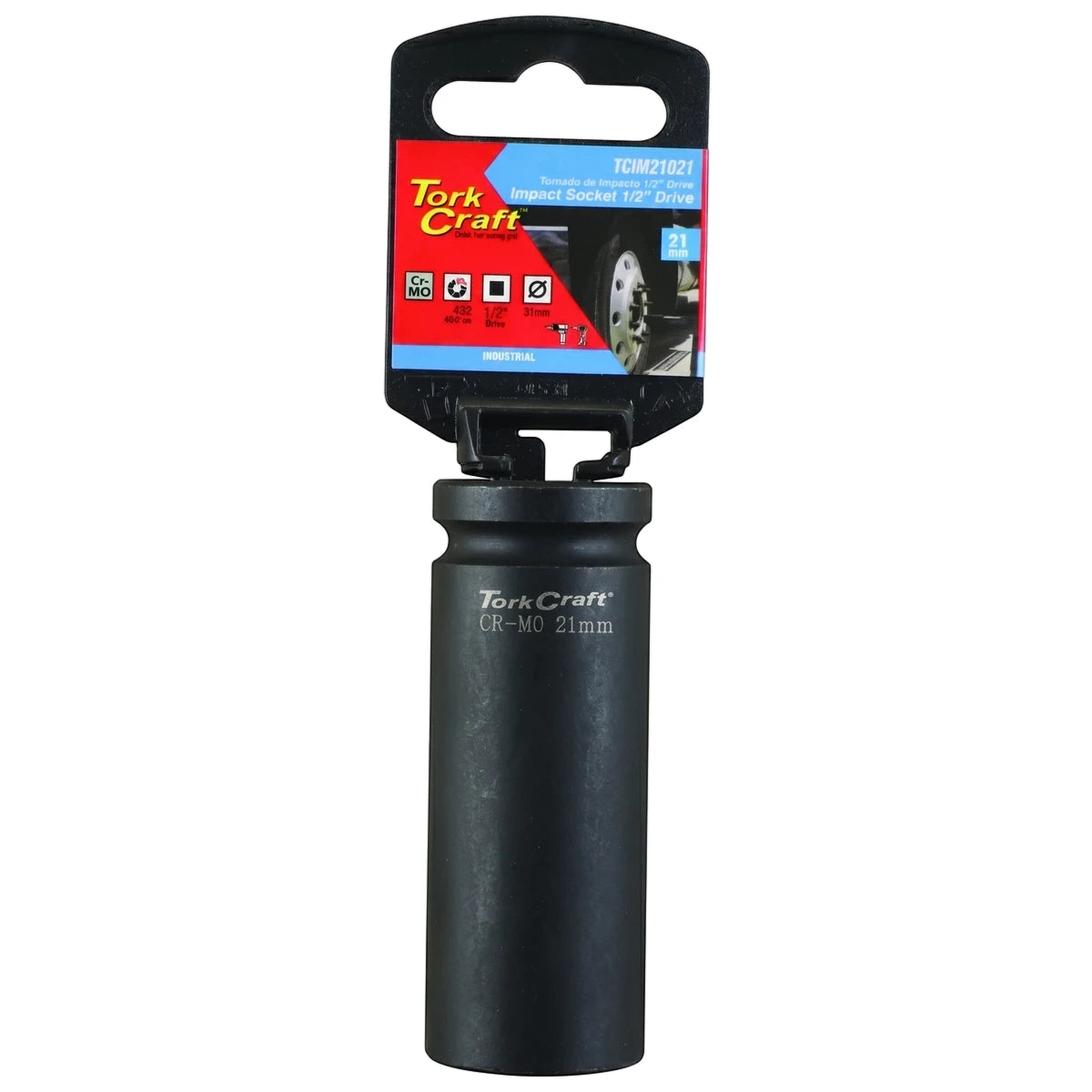 Tork Craft 1/2-Inch Drive 6-Point Deep Hex Impact Socket 21mm in its packaging, shown vertically on a white background.