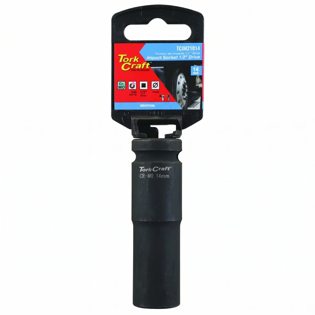 Black Tork Craft 1/2-inch drive 6-point deep hex 14mm impact socket in retail packaging.