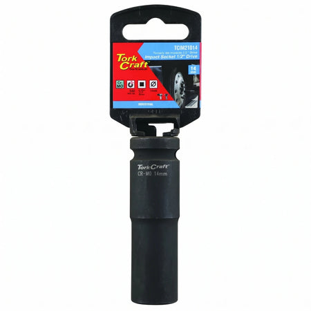 Black Tork Craft 1/2-inch drive 6-point deep hex 14mm impact socket in retail packaging.