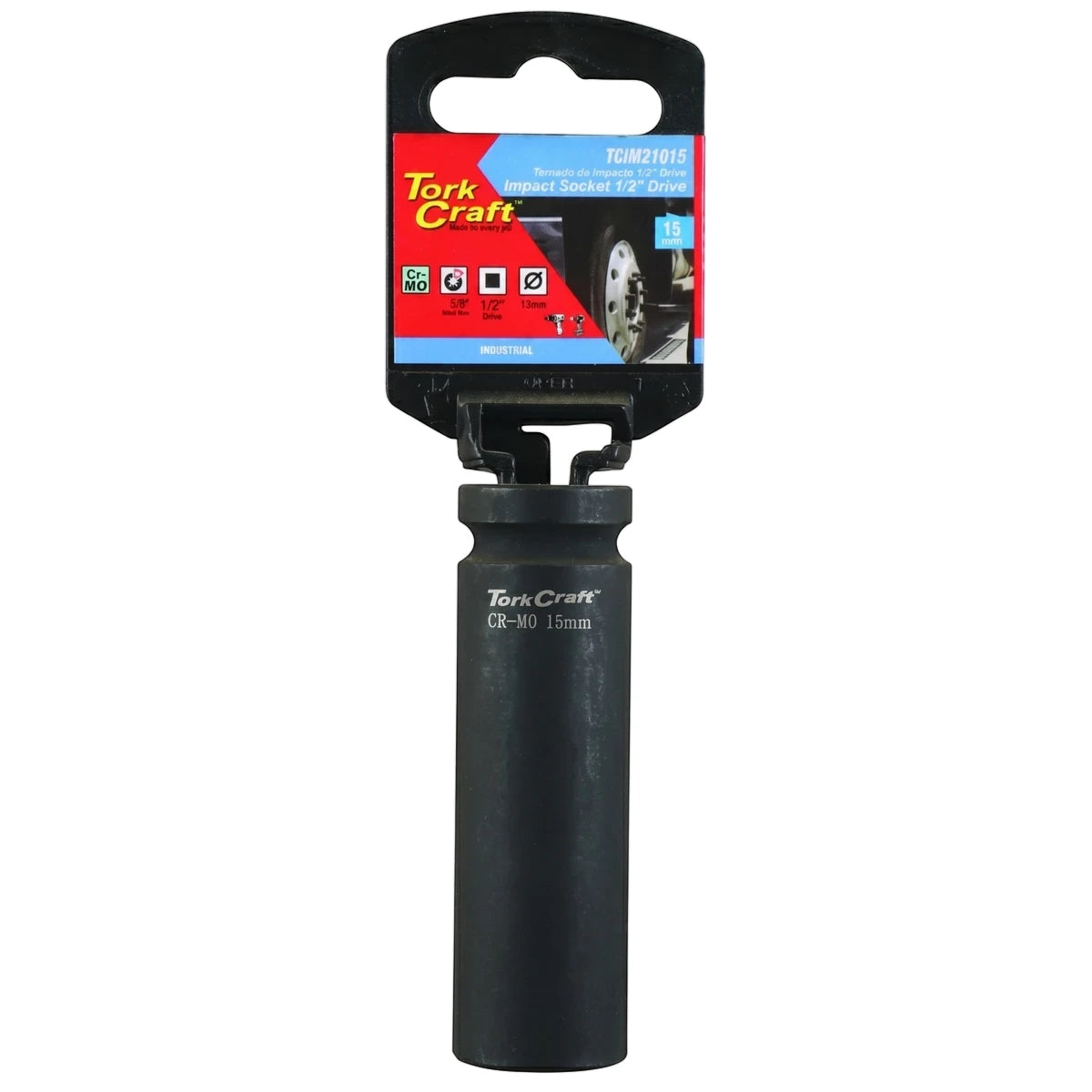 Tork Craft 1/2-Inch Drive 6-Point Deep Hex Socket 15mm in black with retail packaging.