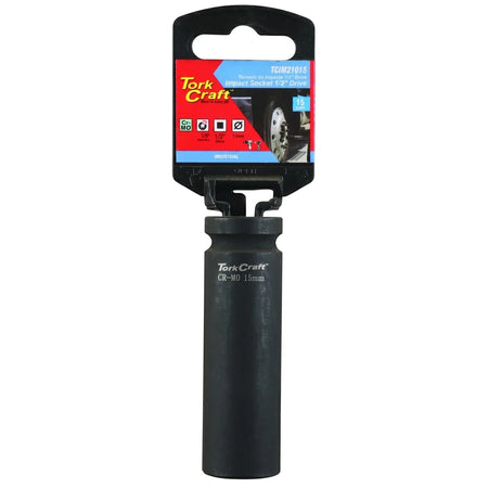 Tork Craft 1/2-Inch Drive 6-Point Deep Hex Socket 15mm in black with retail packaging.