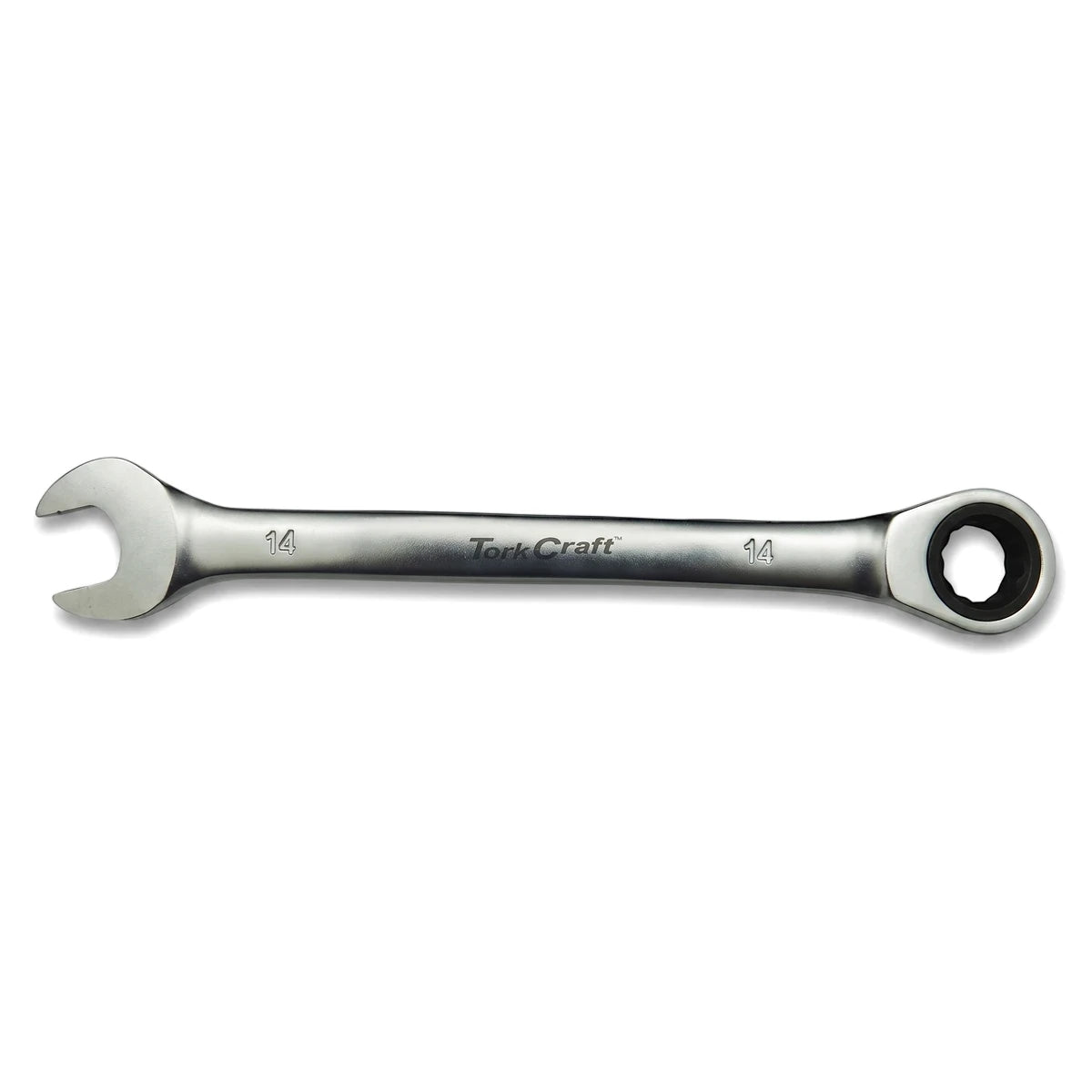 14mm Tork Craft silver ratchet spanner with open and closed ends, viewed horizontally against a white background.