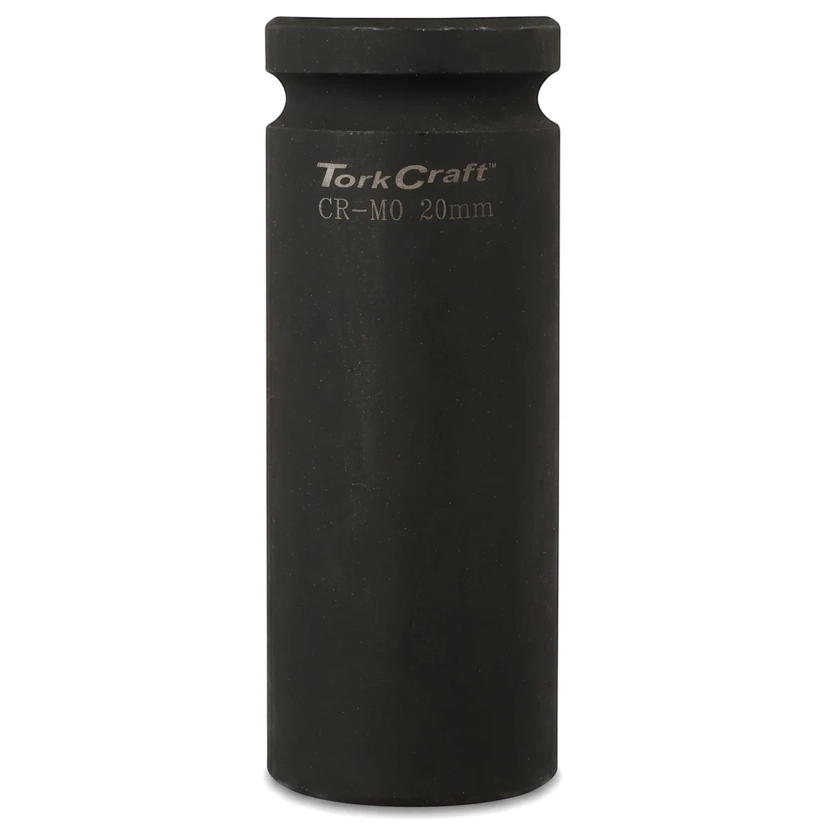 Black Tork Craft 1/2-inch drive 6-point deep hex socket, 20mm CR-MO, shown standing upright against a white background,