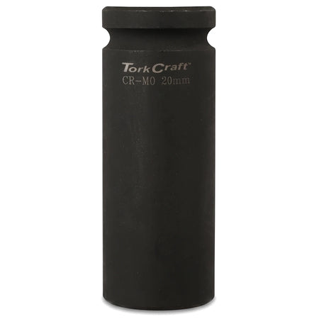 Black Tork Craft 1/2-inch drive 6-point deep hex socket, 20mm CR-MO, shown standing upright against a white background,
