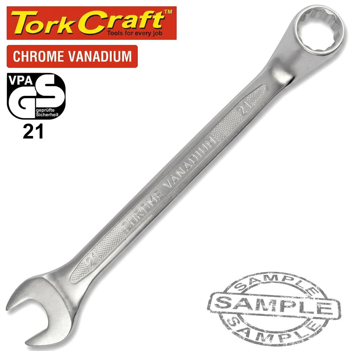 A shiny silver Tork Craft 21mm Deep Offset Combination Spanner made of chrome vanadium steel, featuring an open end and a