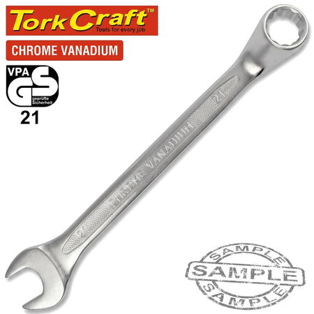 A shiny silver Tork Craft 21mm Deep Offset Combination Spanner made of chrome vanadium steel, featuring an open end and a