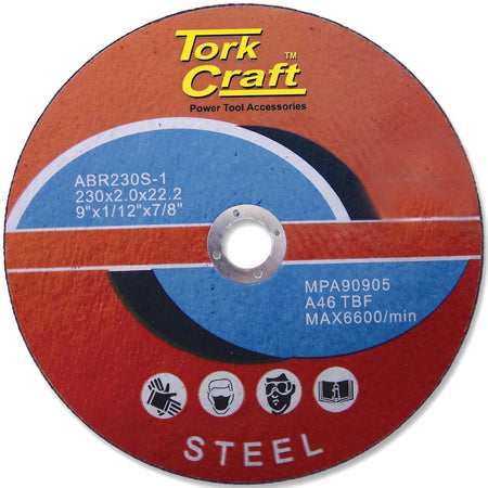 Tork Craft ABR230S-1 230mm abrasive metal cutting disc, orange and blue, for steel power tools.