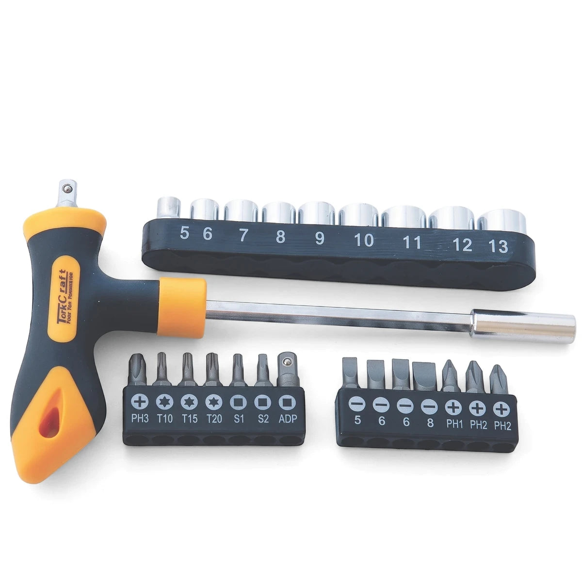 Tork Craft 24-piece screwdriver bit and socket set with T-handle driver and extension laid out.
