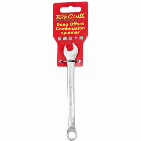 Tork Craft 25mm Deep Offset Combination Spanner with chrome finish, displayed vertically in its red and white retail