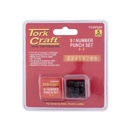 Tork Craft 5mm 9-number punch set for stamping metal, wood, and leather, displayed in retail packaging.