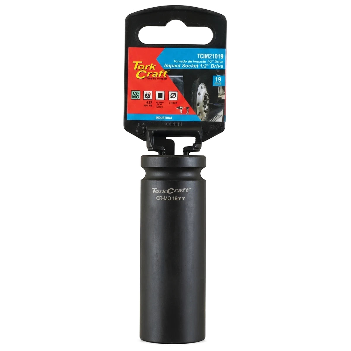 Tork Craft black 19mm 1/2-inch drive 6-point deep hex impact socket in retail packaging, vertical view.