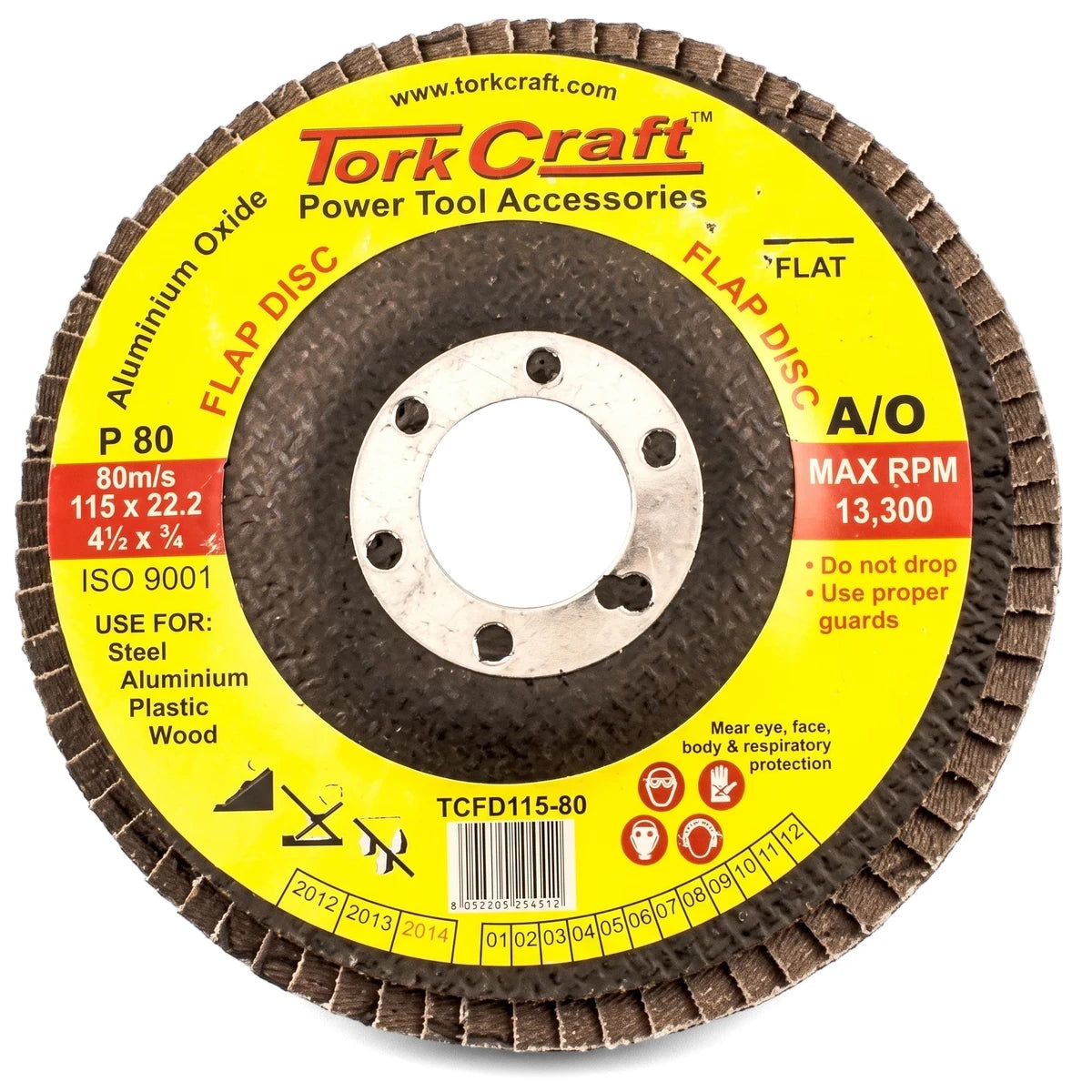 Yellow and brown Tork Craft 115 x 22.2 P80 flap disc for power tools, suitable for grinding steel, aluminum, plastic, and