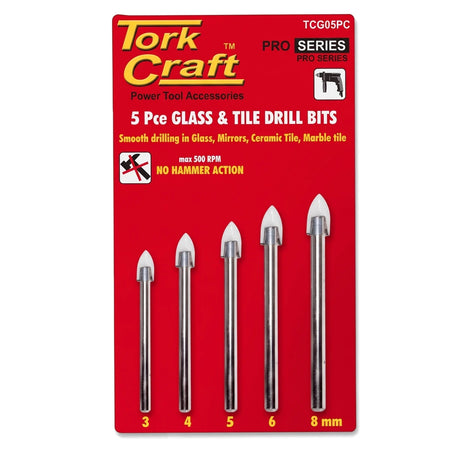 Tork Craft Pro Series 5 Piece Glass & Tile Drill Bits in red packaging with five silver bits.