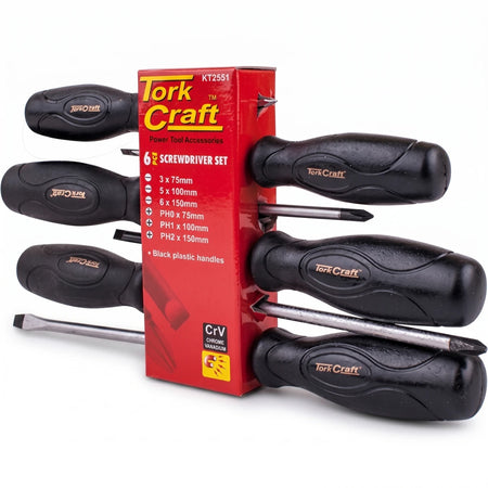 Tork Craft 6-piece screwdriver set with black handles and chrome vanadium shafts in red display packaging.