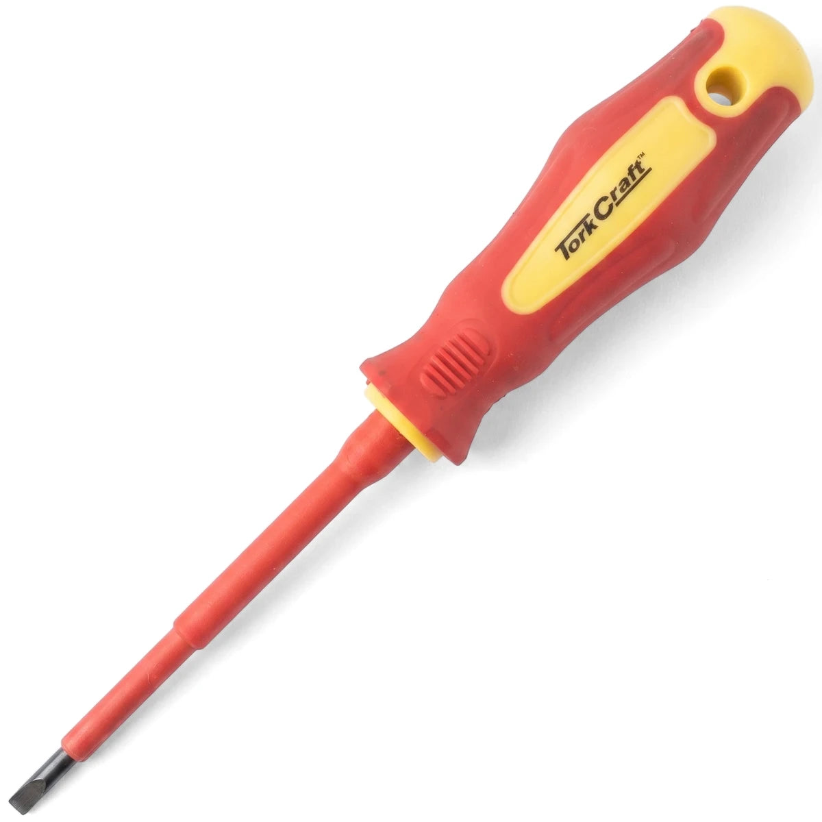 Tork Craft slotted screwdriver with a red and yellow insulated handle and a flat tip, angled diagonally.