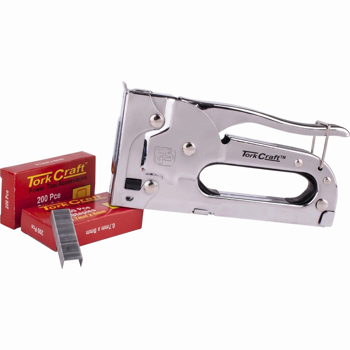 Tork Craft staple gun, silver metallic, accompanied by two red boxes of 200-piece Tork Craft staples.