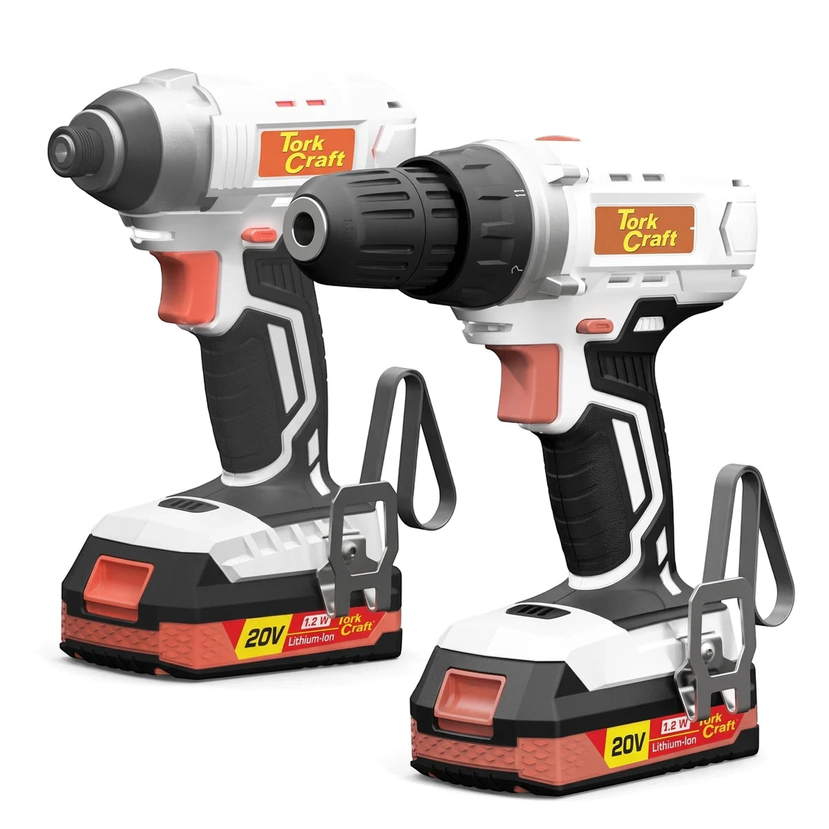 Tork Craft Twin Pack 20V Cordless Drill and Impact Driver Set in white, black, and orange on a white background.