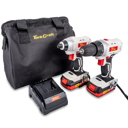 Twin Pack TorkCraft cordless drill and impact driver set with charger and black carry bag, displayed on a white background.