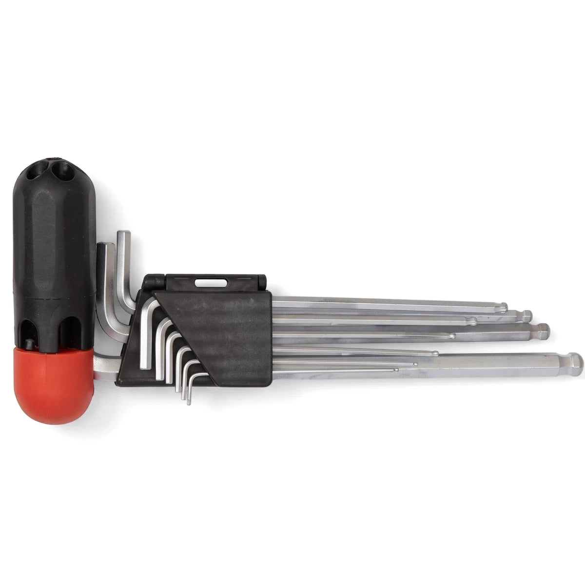 Silver metallic Torx Allen key 9 piece set with a black and red handle in a black plastic holder.