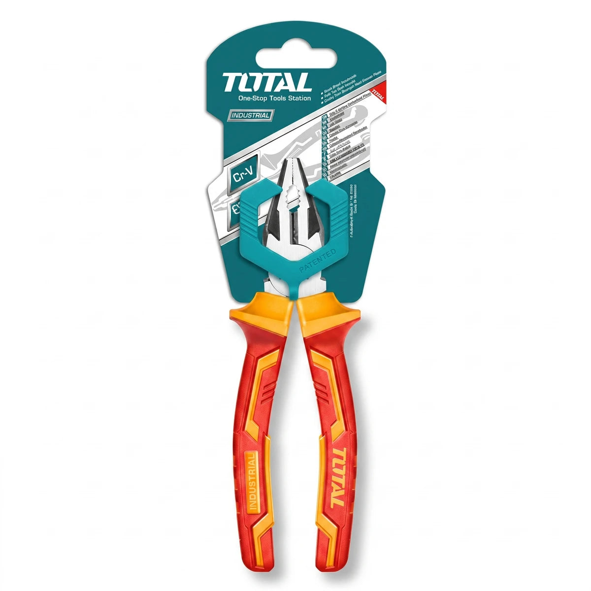 Total 160mm insulated combination pliers with red and yellow handles displayed in its retail packaging on a white background.