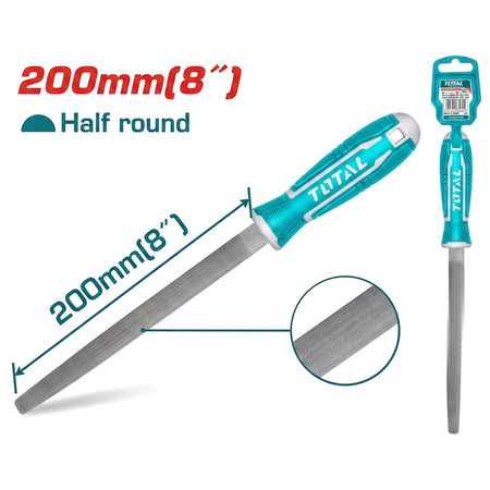 200mm (8 inch) Half-Round File with blue and white handle shown with its retail packaging. Ideal for shaping and smoothing