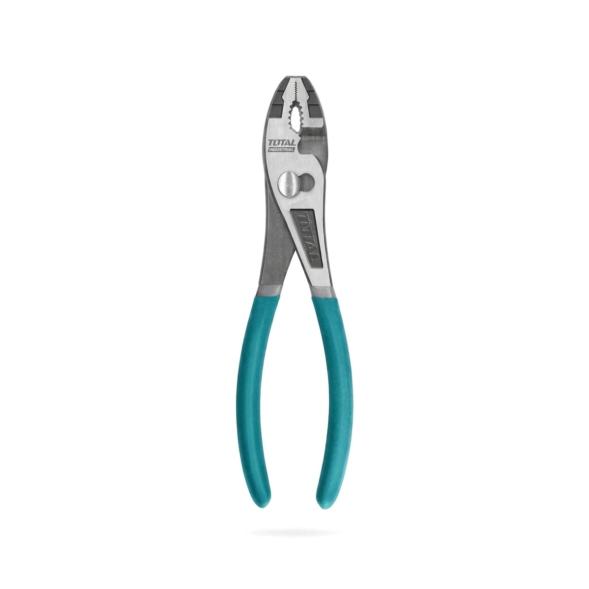 Total 250mm slip joint pliers with teal blue handles and silver-grey metal jaws and body on a white background.