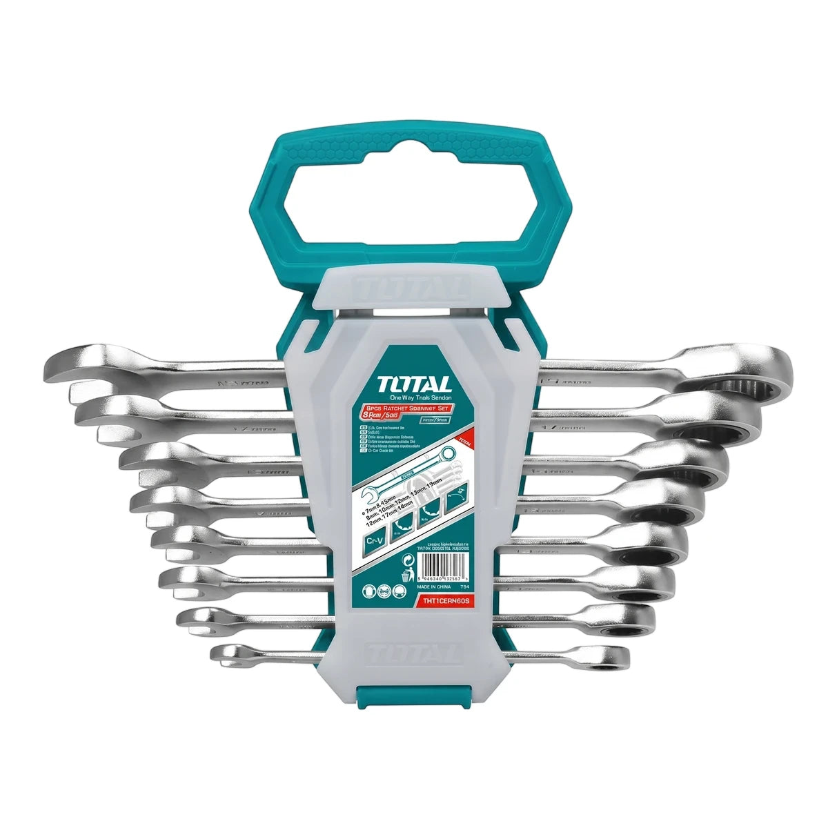 8-piece TOTAL ratcheting spanner wrench tool set in a teal and white clip holder, front view.
