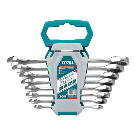 8-piece TOTAL ratcheting spanner wrench tool set in a teal and white clip holder, front view.