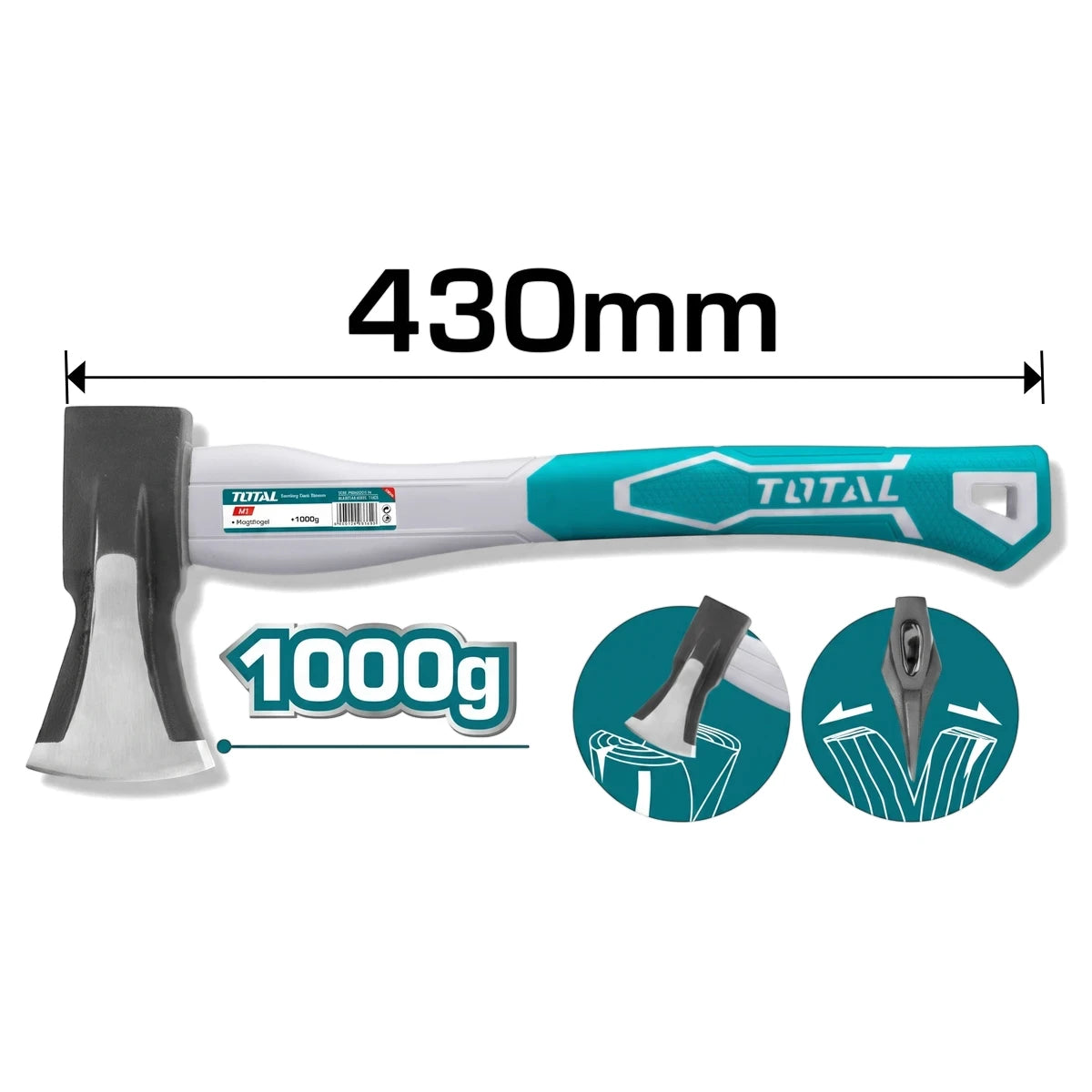 Total 1000g axe with a durable fibreglass handle, featuring a black head and a white and teal grip, displayed horizontally.