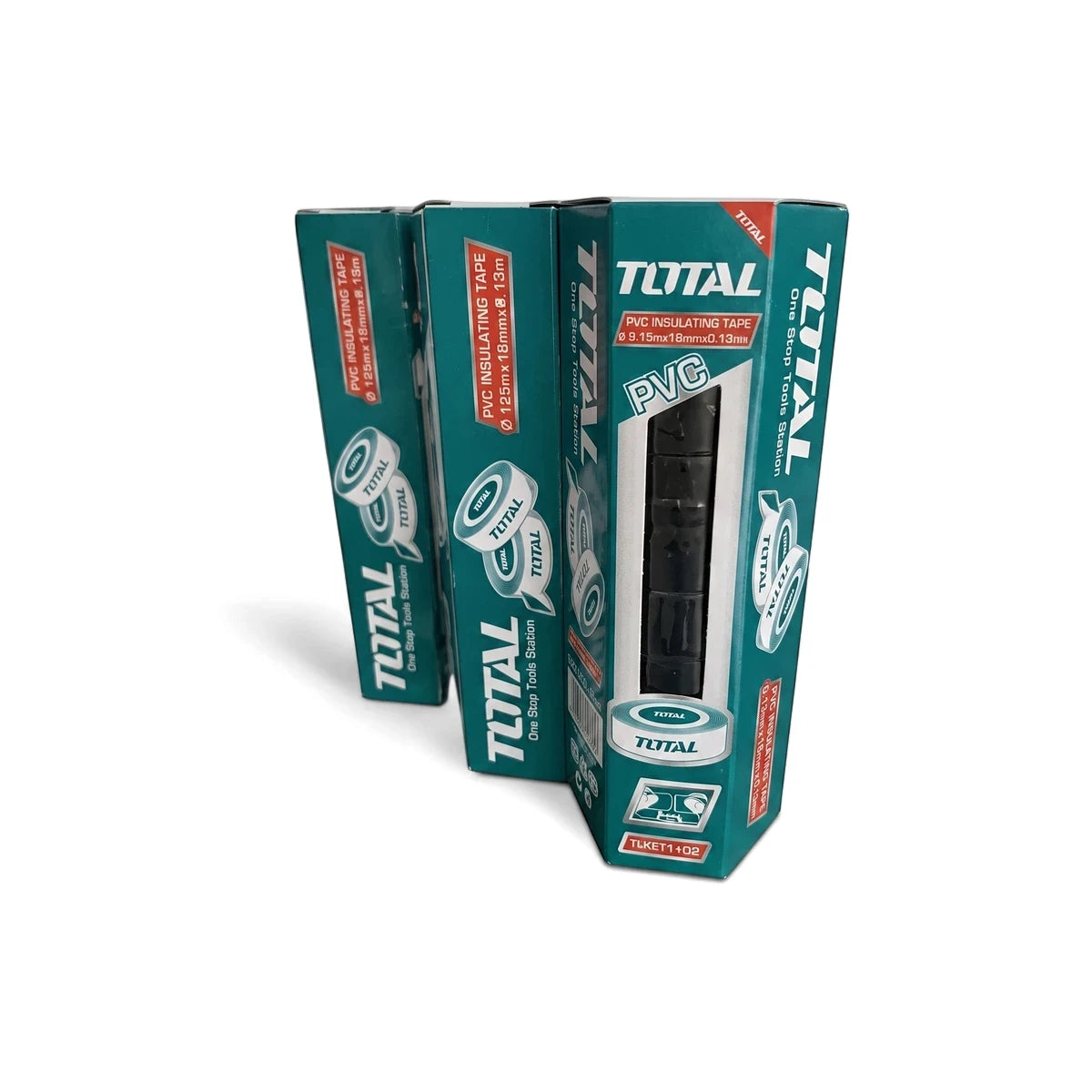 Three green boxes of TOTAL Black PVC Insulation Tape, 9.15M x 18mm x 0.13mm (10-Pack), displayed from the front.