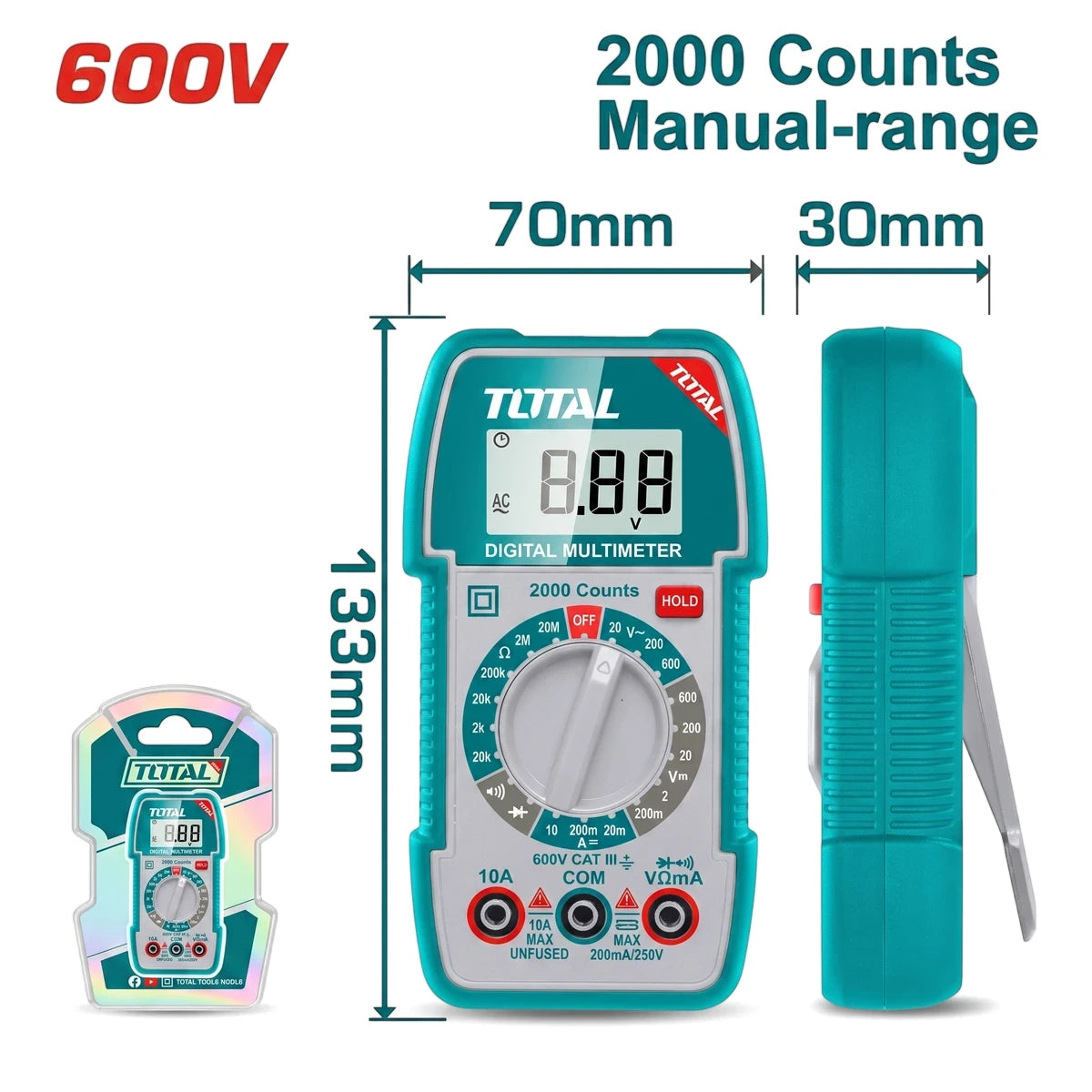 Total Digital Multimeter with 600V and 2000 Counts displayed, shown from front and side with packaging.