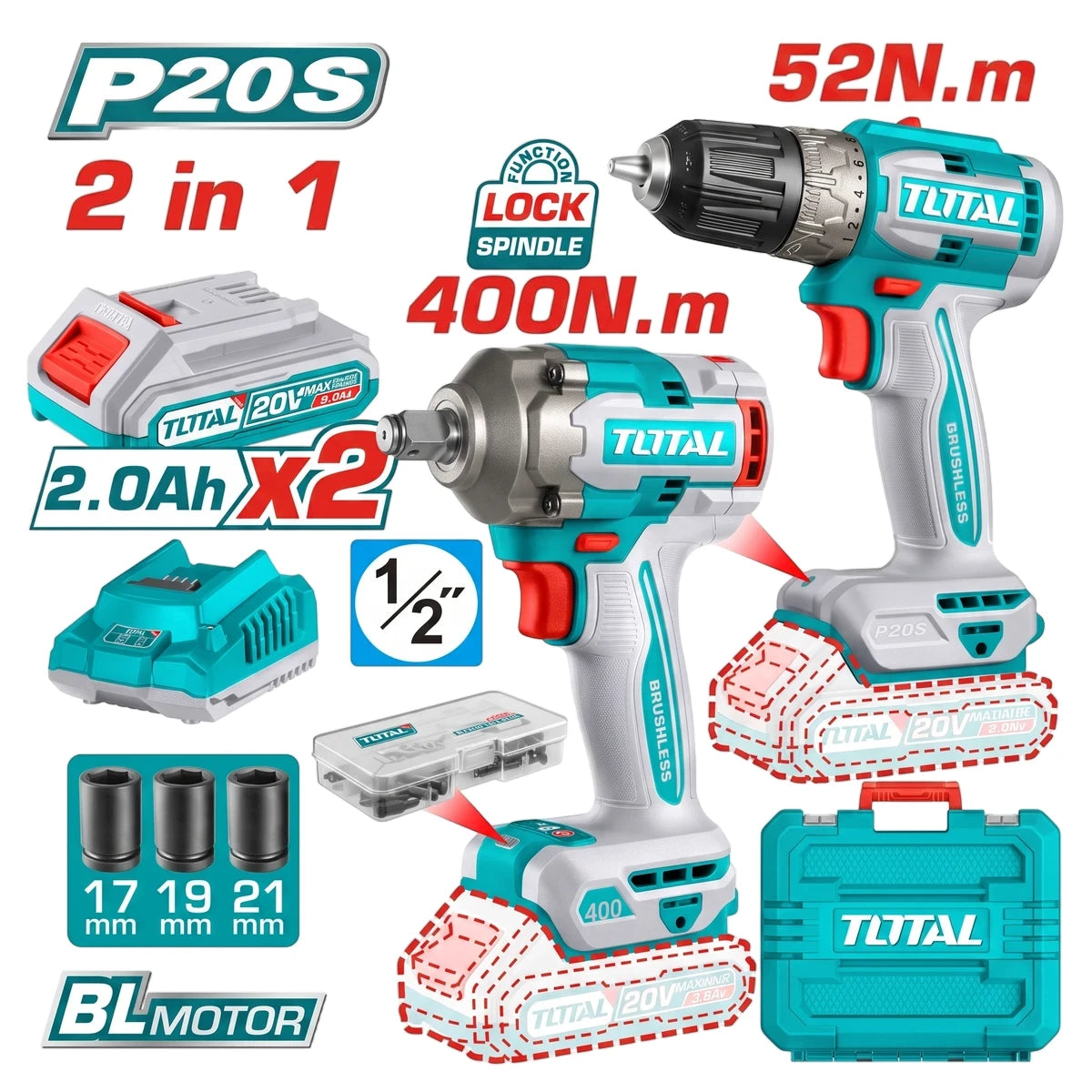 TOTAL P20S 20V Cordless 2-in-1 Combo Kit featuring teal and gray drill, impact wrench, batteries, and accessories.