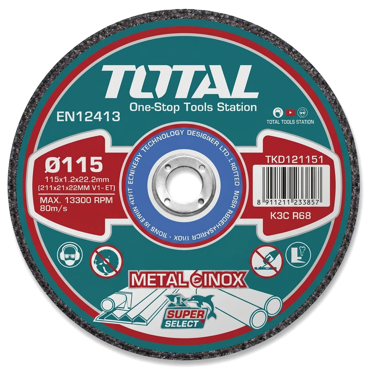 TOTAL steel cutting disc 115mm diameter, metal abrasive wheel shown front-on with printed label for grinder use