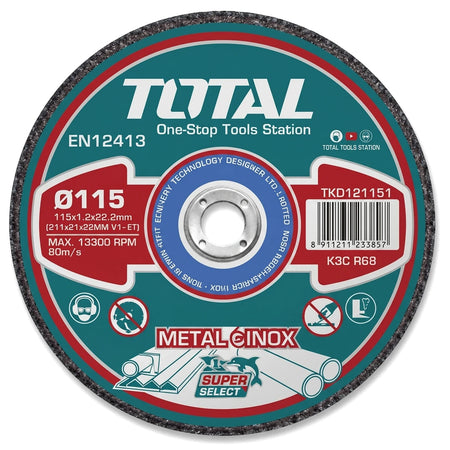 TOTAL steel cutting disc 115mm diameter, metal abrasive wheel shown front-on with printed label for grinder use