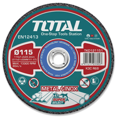 TOTAL steel cutting disc 115mm diameter, metal abrasive wheel shown front-on with printed label for grinder use