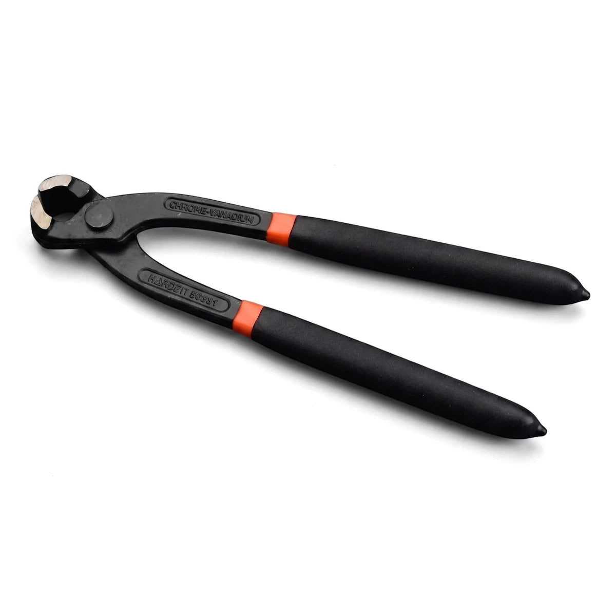 250mm black and orange chrome-vanadium steel tower pincer tool, shown angled on a white background.