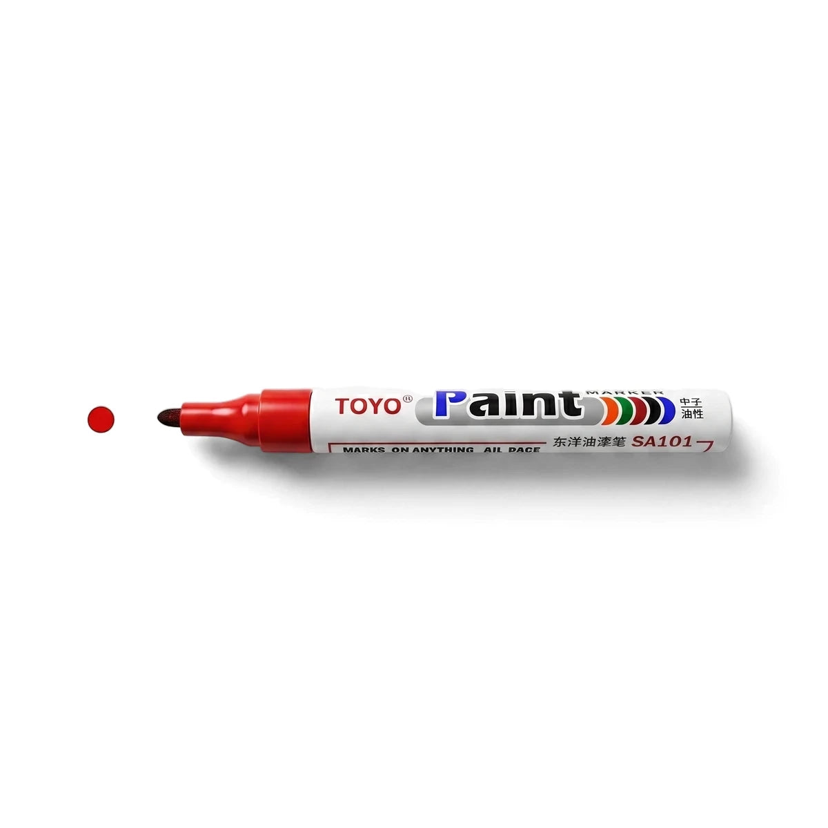 Toyo Painter Marker Pen in red with bullet tip and white barrel, shown in side view for labeling and marking.