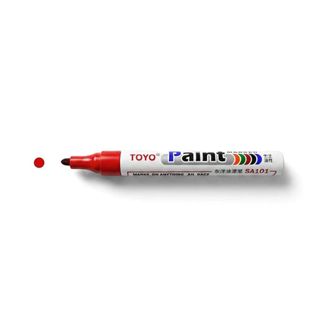 Toyo Painter Marker Pen in red with bullet tip and white barrel, shown in side view for labeling and marking.