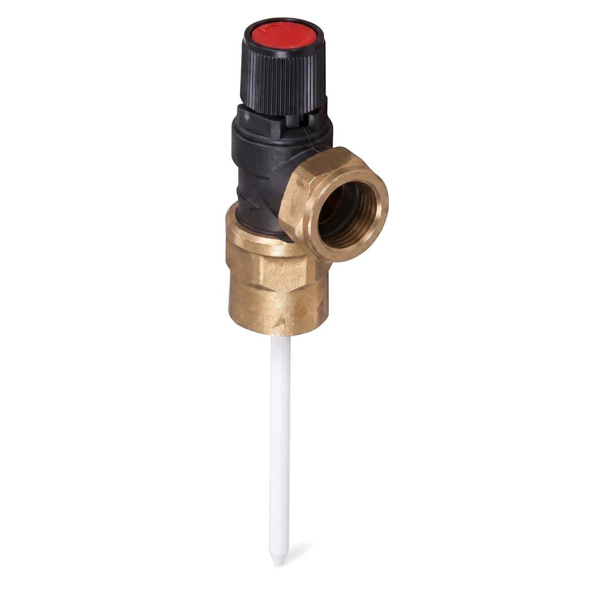 Tp Valve 400Kpa Female Valve with a brass body, black top, and red knob, featuring a white temperature probe for plumbing