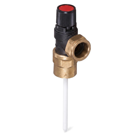 Tp Valve 400Kpa Female Valve with a brass body, black top, and red knob, featuring a white temperature probe for plumbing