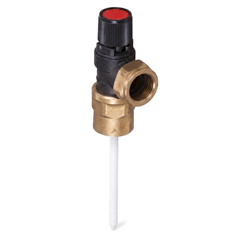 Tp Valve 400Kpa Female Valve with a brass body, black top, and red knob, featuring a white temperature probe for plumbing