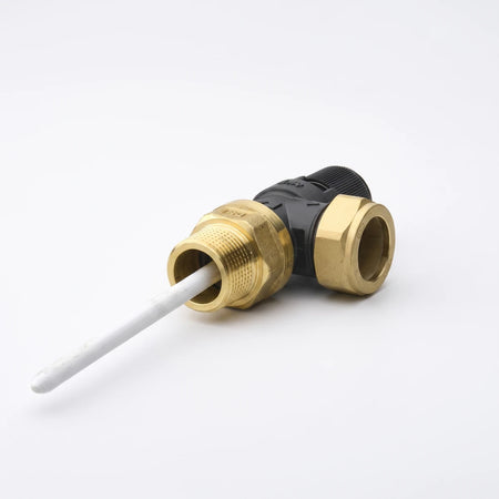 Tp Valve 400Kpa Male Valve, brass and black plastic with a white temperature probe, viewed from a slight angle.