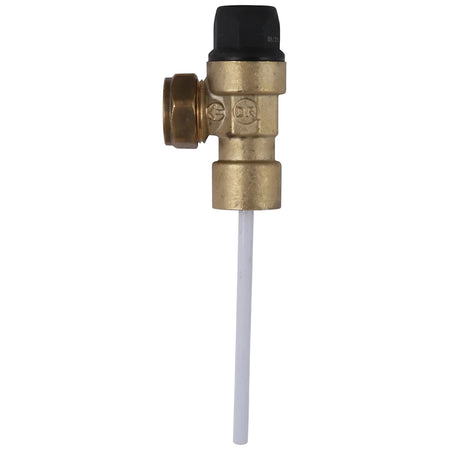 Brass 600Kpa Female Tp Valve with a black cap and white probe, a plumbing safety fixture.