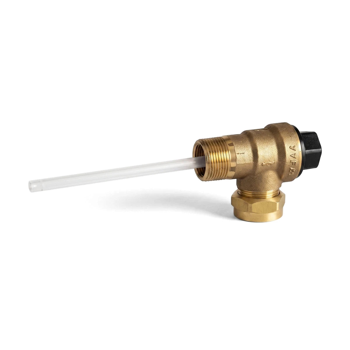 Brass Tp Valve 600Kpa male pressure relief valve with a clear plastic tube, designed for water heater applications, on a