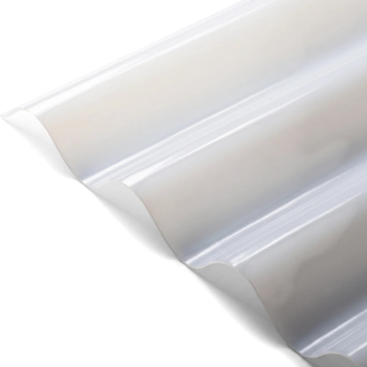 Angled view of a translucent opal corrugated polycarbonate roof sheet, showing its wave pattern and subtle milky white color.