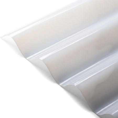Angled view of a translucent opal corrugated polycarbonate roof sheet, showing its wave pattern and subtle milky white color.