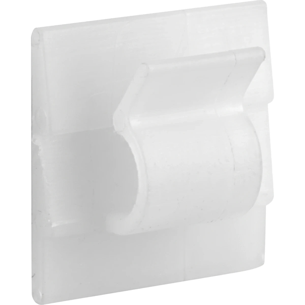 Close-up view of a single translucent white plastic cable clamp mount pad, showing its square adhesive base and curved